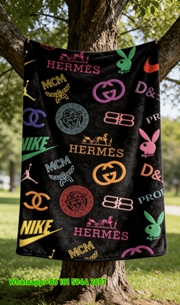 Luxury Hermès & Luxury Brand Logo Collage Flannel Sofa Throw Blanket IMG_4922
